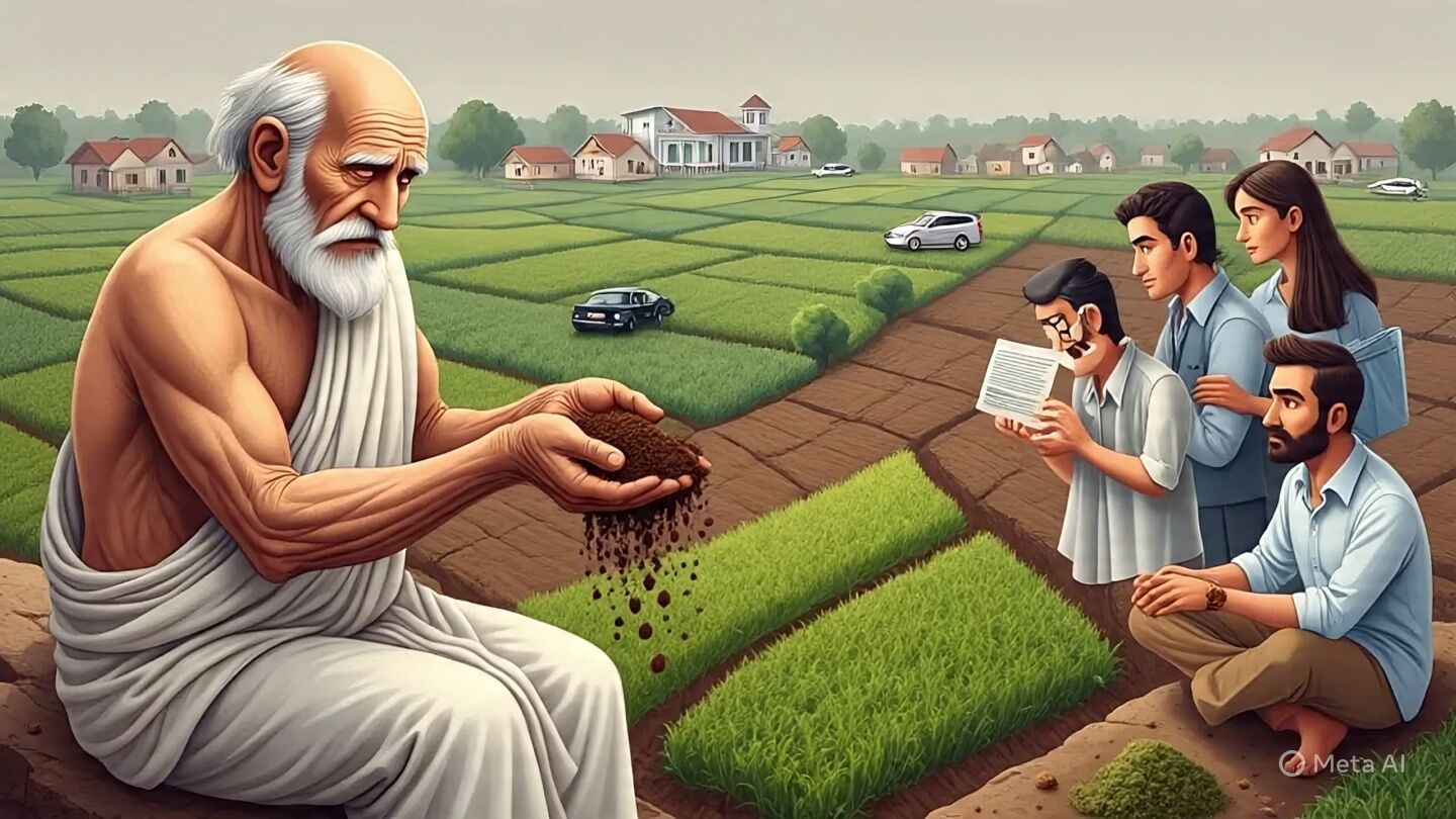 भूमिहीन होते भूमिहार ब्राहमण परिवार और मार्ग से भटकती युवा पीढ़ी! An emotional, thought-provoking illustration showing the decline of ancestral land ownership among Bhumihar families. In the foreground, an elder Bhumihar farmer with wrinkled face and white dhoti holds a handful of soil slipping through his fingers, symbolizing the loss of land. Behind him, ancestral farmland is fragmented—one side lush and green with crops and traditional houses, the other side replaced by modern luxury cars, mansions, and shopping malls. In the background, young family members are shown pressuring for wealth and luxury, while land deeds are exchanged with outsiders, hinting at changing village social dynamics. The overall tone should be symbolic, realistic yet artistic, with warm earthy colors fading into a grayish future, conveying loss of identity, broken legacy, and concern for the next generation.